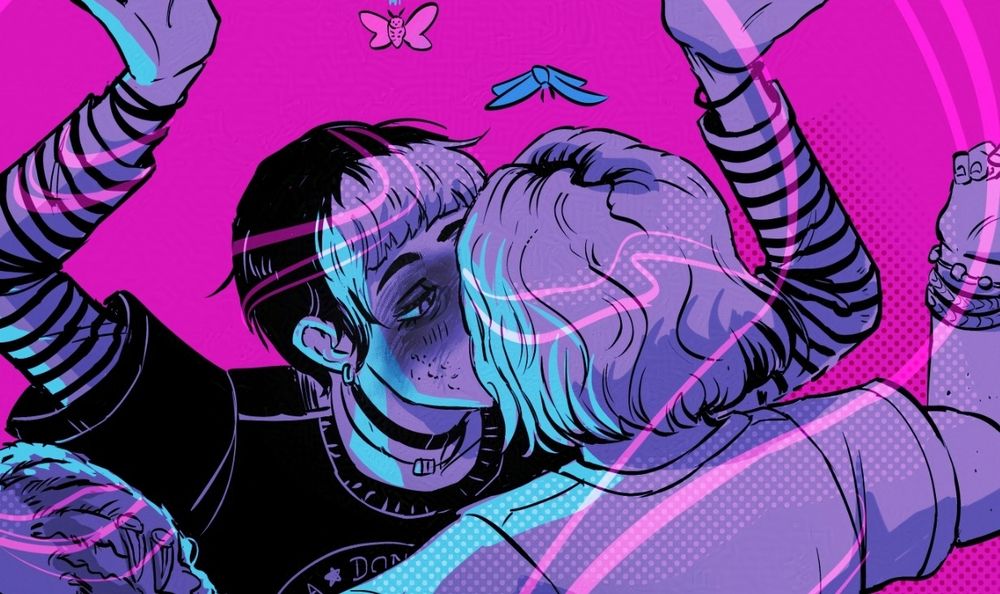 Close up of Nora and Swann kissing.
