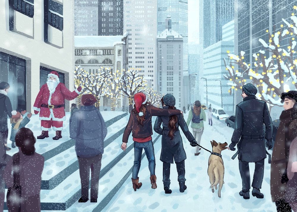 Fanart of Root, Shaw, Bear and John from Person of Interest walking in snowy NYC