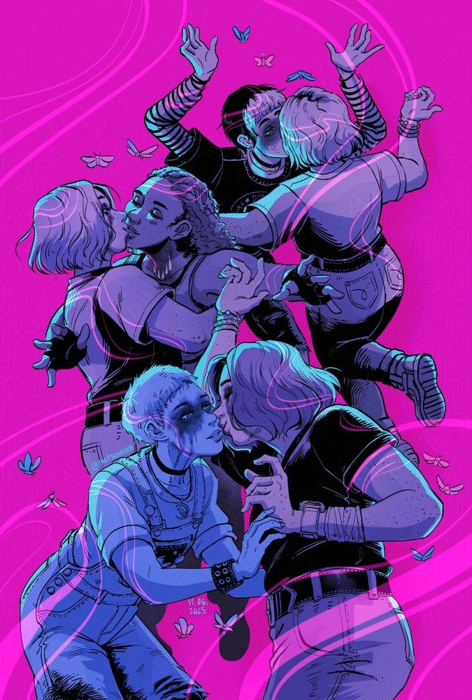 A somewhat surreal fanart of Lost Records: Bloom and Rage depicting Swann dancing and kissing (or about to be kissing) Nora, Autumn and Kat on a pink background. There are moths flying around them.