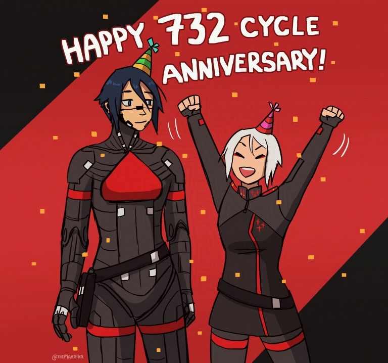 "Happy 732 cycle anniversary!" Fanart of Elster and Ariane with party hats and confetti. 