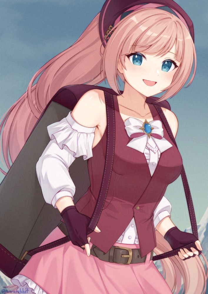 Felicia from Fire Emblem Fates. She in one of her alternate outfits from Fire Emblem Heroes and is standing in front of some distant mountains while holding the straps of her backpack.