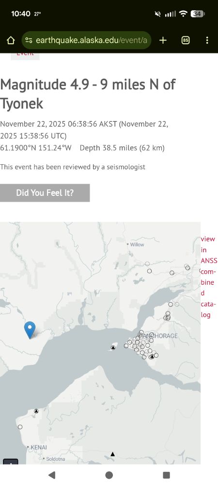 a report from USGS Alaska about a magnitude 4.9 earthquake on Nov 22, with a map showing the proximity of the epicentre to Anchorage and other nearby villages and cities. 