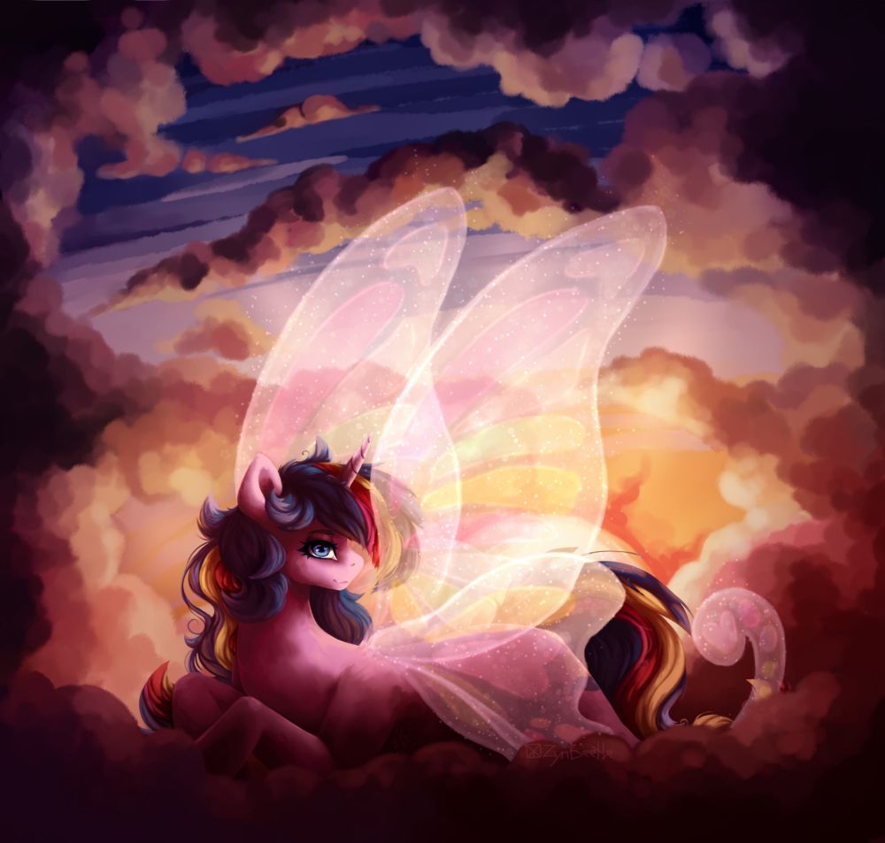 A digital painting of a unicorn with butterfly wings laying on a cloud during a orange-and-purple sunset.