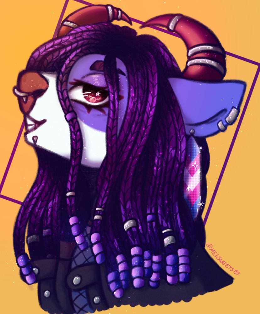 A headshot of a purple cow OC's side profile. She's looking at the viewer with a half lidded eye and a soft smirk, showing her teeth. She's wearing a lot of silver jewelry, a dark gray jacket and a very prominent beaded trans flag earring. The background is a warm yellow with a purple square framing her face.