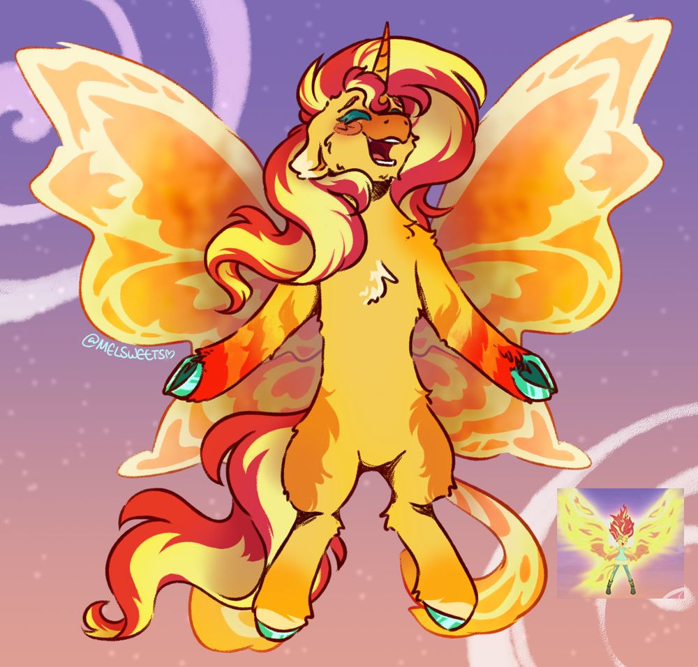 A digital doodle of Sunset Shimmer from MLP:FiM. The image is a redraw of the iconic phoenix scene from the song "My past is not today". However the wings are styled to be butterfly wings and Sunset herself is a pony instead of a human.