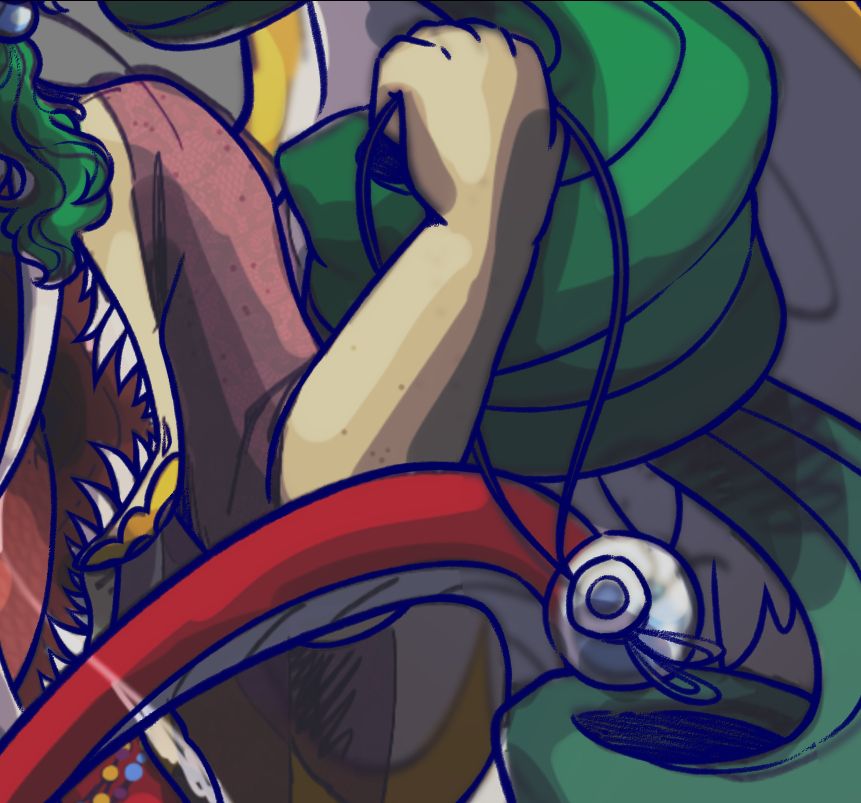 A cropped screeshot of a person clutching a bottle on a string in their hand. Their chest appears to open up into a massive mouth.