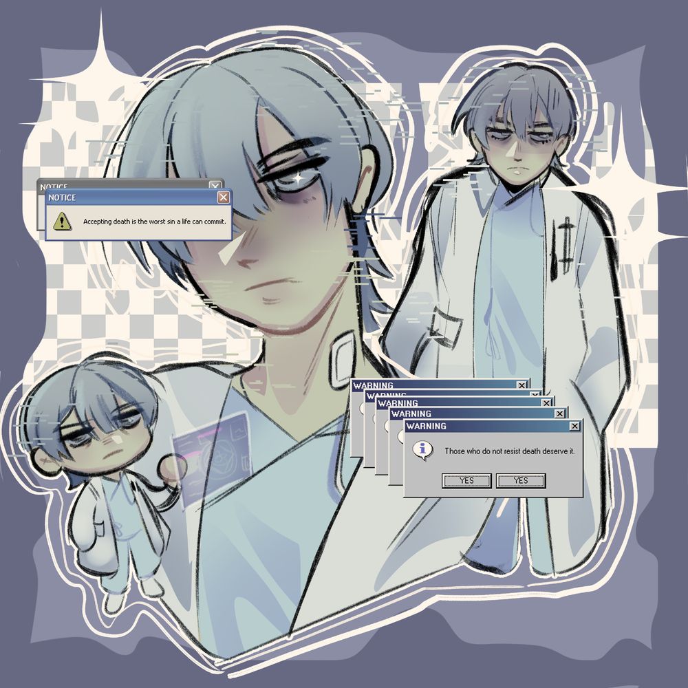 Three combined drawing of Calyx from Final Fantasy: XIV. There is a headshot, a chibi and a halfbody. All three are unamused. The palette of the piece is very low saturation. Multiple fake warning popups decorate the image. 