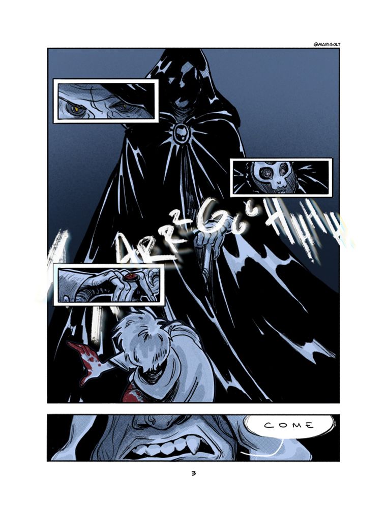 The page focuses on the visible details of the hooded man. His cat like orange eyes, the skull brooch, his red ring and cane. In a raspy voice he tells the boy to ‘come’.