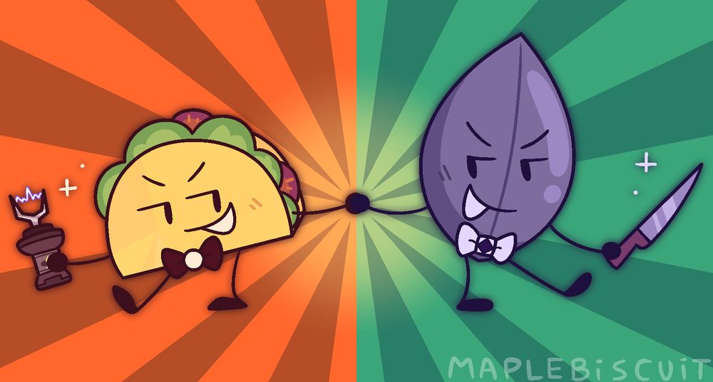 The drawing depicts Taco from Inanimate Insanity and Leafy from BFDI holding hands, with a sinister grin on their faces and blushing. On their free hands, Taco is holding a Temporary Paralyzer and Leafy is holding her knife. Both of them are wearing the Invisibows.