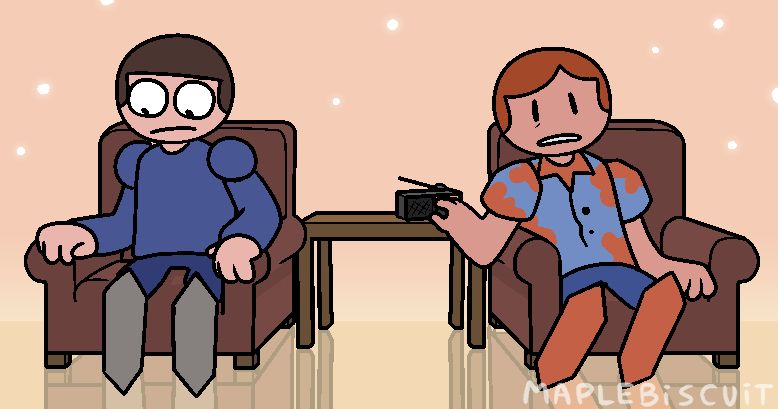 This drawing is based on the series One by Cheesy Hfj on Youtube. Dave and David are in a pink-ish void, sitting in couches with a table with a radio on top separating them. David is flipping through the radio channels in a catatonic state, staring at nothing, while Dave just arrived and is pondering what is happening and how to get back home.