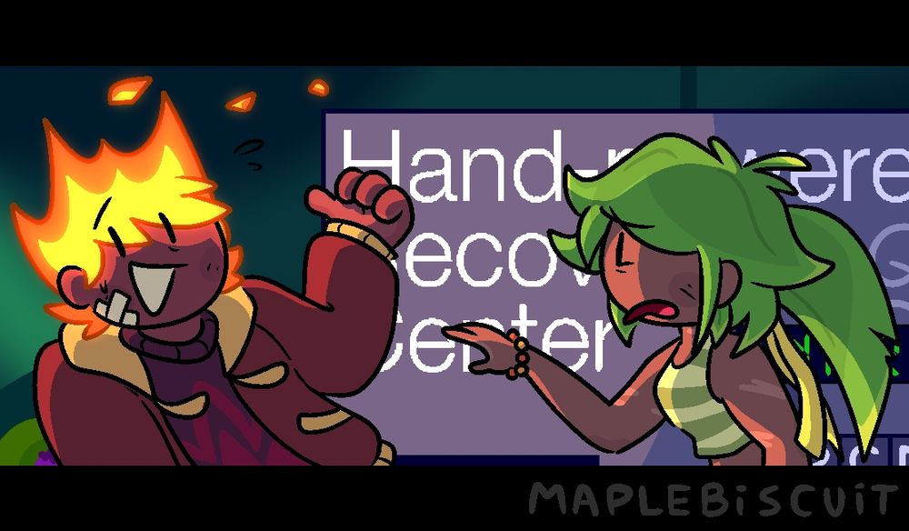 Firey nervously running away from Leafy, while she's desperately trying to reach out to him. The HPRC is right behind them, as Leafy had just finished recovering Firey.