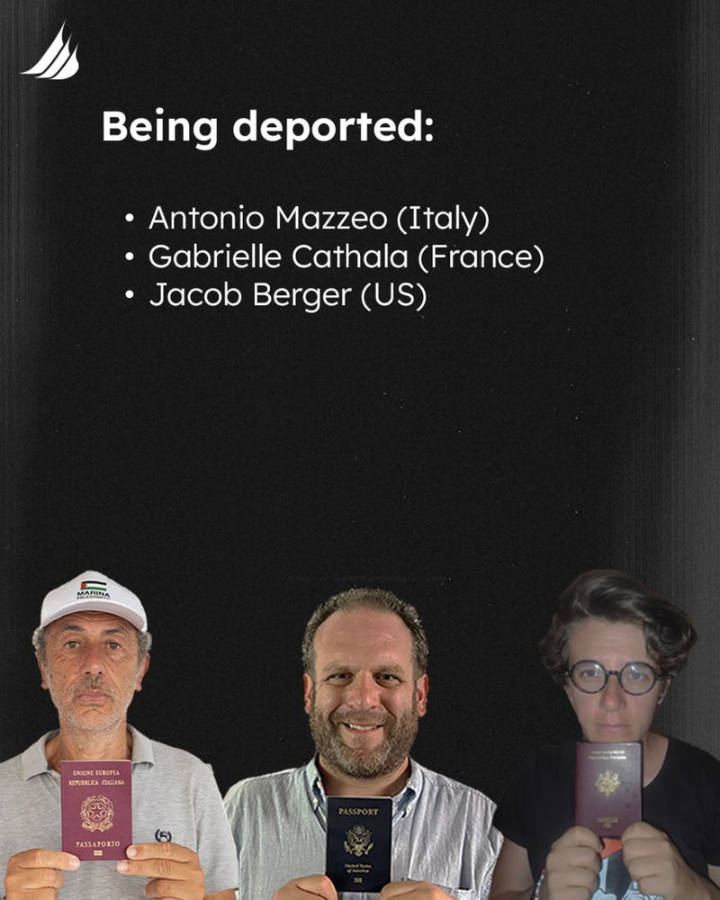 [Picture]
Antonio, Jacob and Gabrielle holding their respective passports
[Text]
Being Deported:
 Antonio Mazzeo (Italy)
 Gabrielle Cathala (France)
 Jacob Berger (US)
