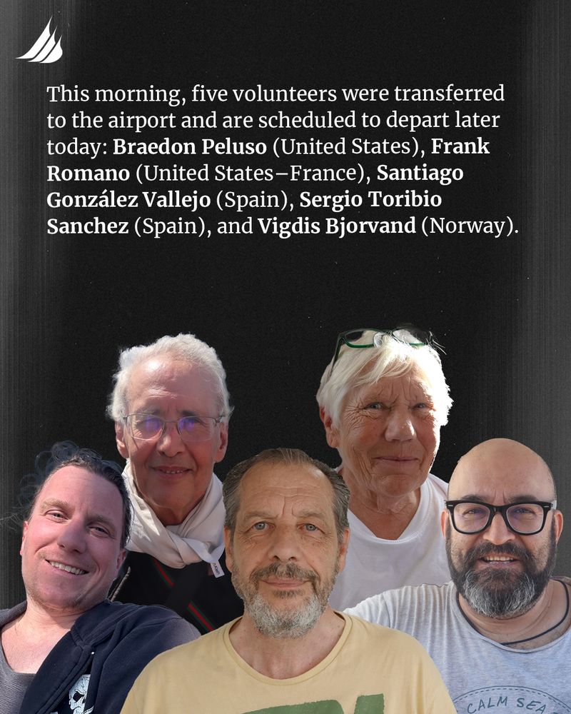 Photos of Braedon, Frank, Santiago, Sergio, and Vigdis with the text that reads: This morning, five volunteers were transferred to the airport and are scheduled to depart later today: Braedon Peluso (United States), Frank Roman (United States-France), Santiago González Vallejo (Spain), Sergio Toribio Sanchez (Spain), and Vigdis Bjorvand (Norway).