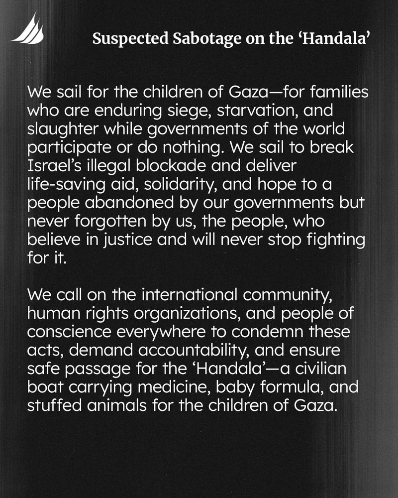 We sail for the children of Gaza - for families who are enduring siege, starvation, and slaughter while governments of the world participate or do nothing. We sail to break Israel's illegal blockade and deliver life-saving aid, solidarity, and hope to a people abandoned by our governments but never forgotten by us, the people, who believe in justice and will never stop fighting for it. 
We call on the international community, human rights organizations, and people of conscience everywhere to condemn these acts, demand accountability, and ensure safe passage for the 'Handala' - a civilian boat carrying medicine, baby formula, and stuffed animals for the children of Gaza.