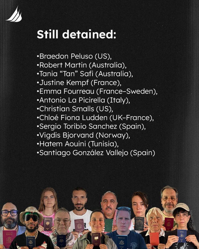 [Picture]
The below participants holding their respective passports
[Text]
Still Detained:
Braedon Peluso (US)
Robert Martin (Australia)
Tania “Tan” Safi (Australia)
Justine Kempf (France)
Emma Fourreau (France–Sweden)
Antonio La Picirella (Italy)
Christian Smalls (US)
Chloé Fiona Ludden (UK–France)
Sergio Toribio Sanchez (Spain)
Vigdis Bjorvand (Norway)
Hatem Aouini (Tunisia)
Santiago González Vallejo (Spain)

