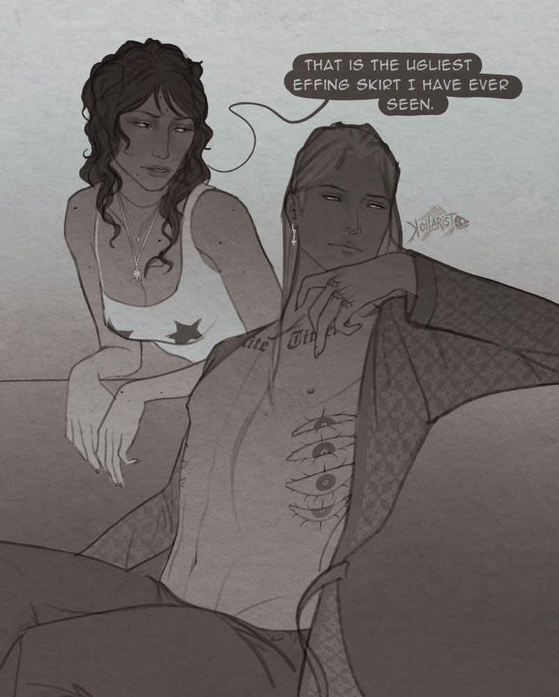 Art of my OCs, Rhiannon and Aster. It looks like Rhia is leaning over a sofa that Aster is reclining on as she says "That is the ugliest effing skirt I have ever seen."