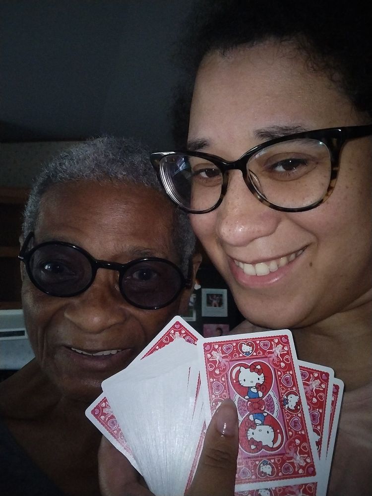 Played cards with my grandma to stop being so depressed.

Two women one younger and one older. One is holding pink hello Kitty playing cards. They are standing in a kitchen.