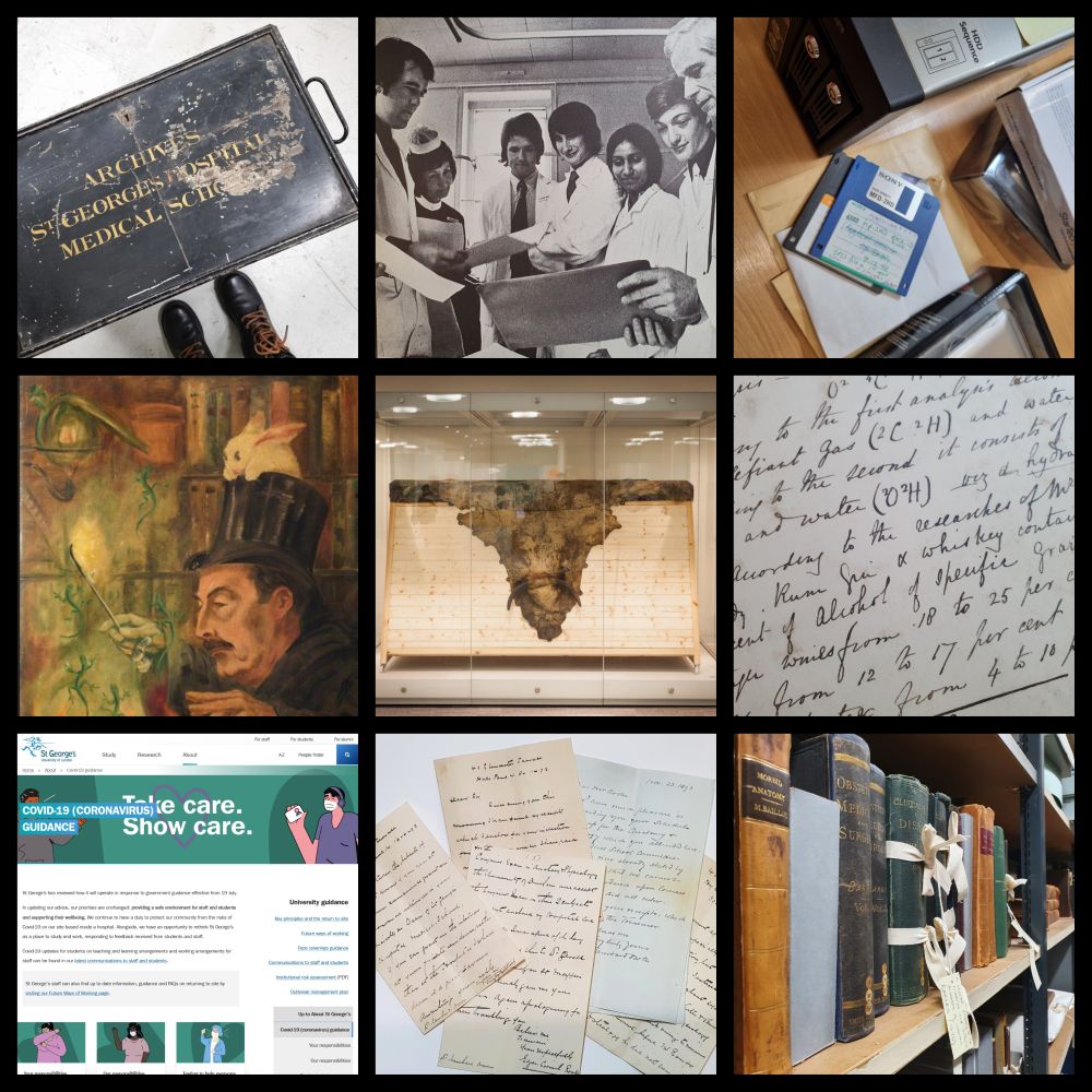 A composite picture including a photograph of a metal chest with the title 'Archives St George's Hospital Medical School', a photograph of medical students and nurses, floppy disks and hard disks, a painting of a magician with a rabbit, a cow hide mounted on a wooden stand, manuscript with chemical formulae, guidance for Covid-19, handwritten letters and a shelf with old books