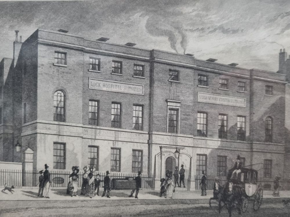 Print picture of the Lock Hospital with people and horses on the street outside, and two men carrying what looks like a coffin