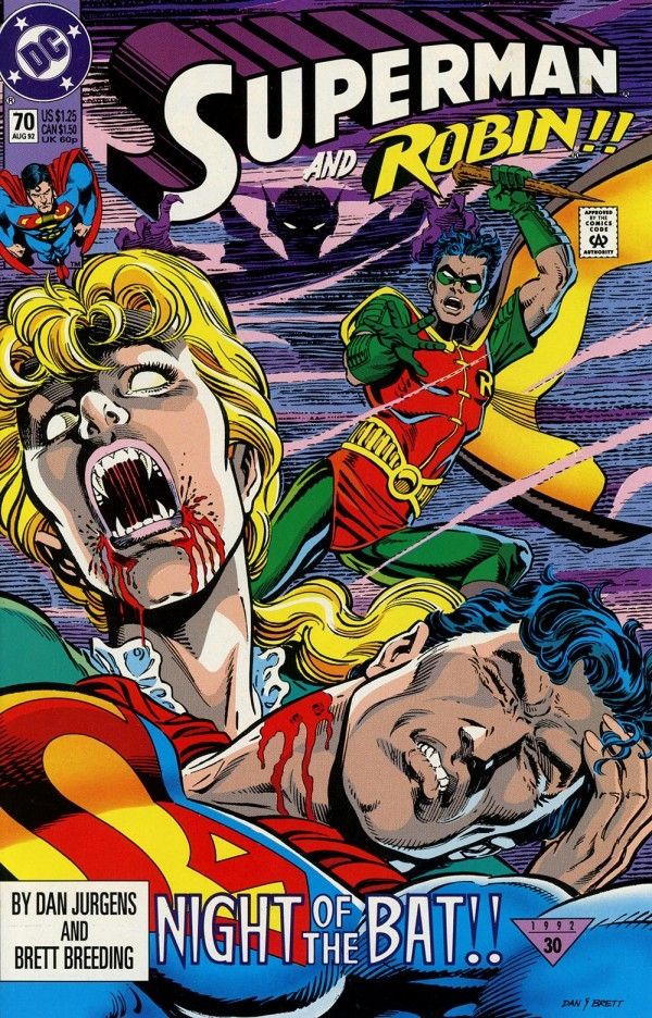 Superman #70, featuring Robin and a vampire biting Superman in quite an explicitly gory manner.