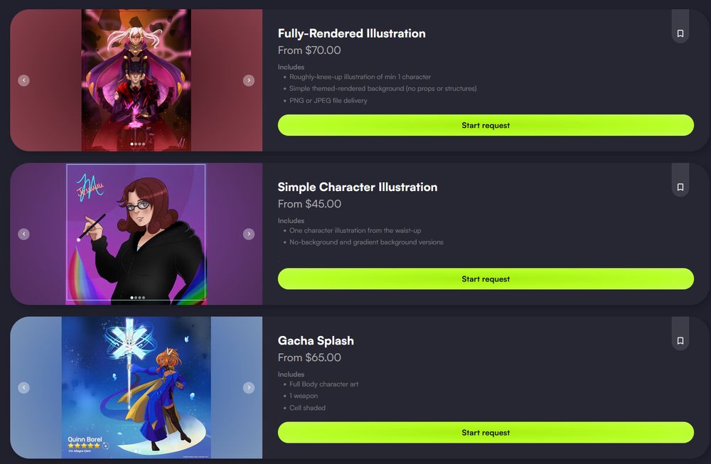 A screenshot of Jessuuu's VGen Commission page. Full Body illustrations start at $70 USD, Simple character illustrations start at $45, and a Gacha splash is $65. 