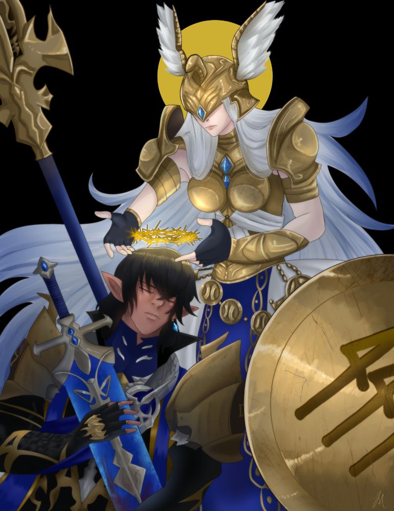 Illustration inspired by old catholic religious imagery of Aymeric de Borel laying before Halone with a bloody sword. She bequeaths upon him a crown of golden thorns, or the "burden of leading Ishgard".  There is a golden halo behind her as she lays the crown above his head. 