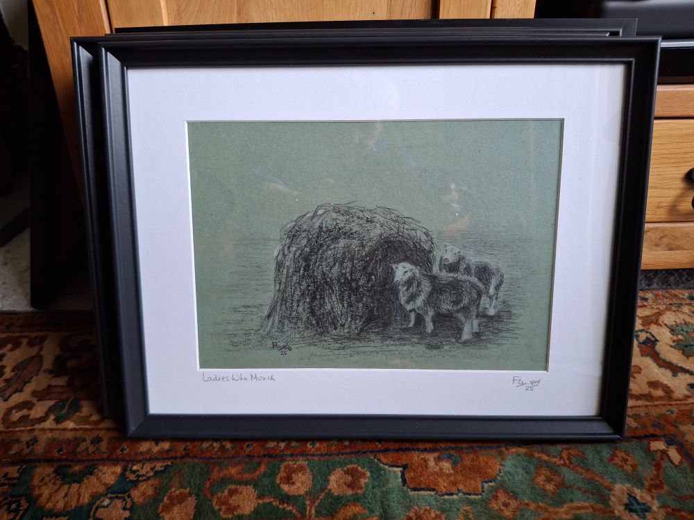 framed charcoal drawing of two herdwick sheep munching straw from a large hay bale
