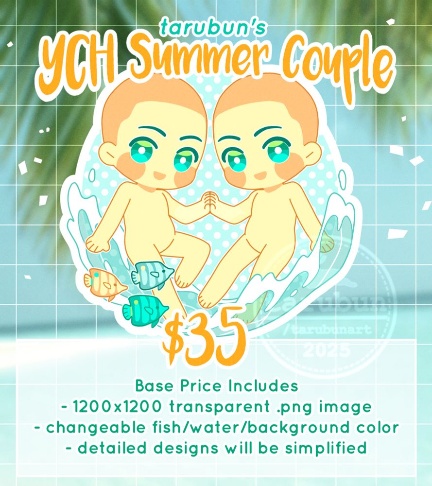 A page advertising a YCH chibi couple commission. It's summer themed with transparent ocean water, three fish, and a polka dot background. It includes some details such as the $35 price.