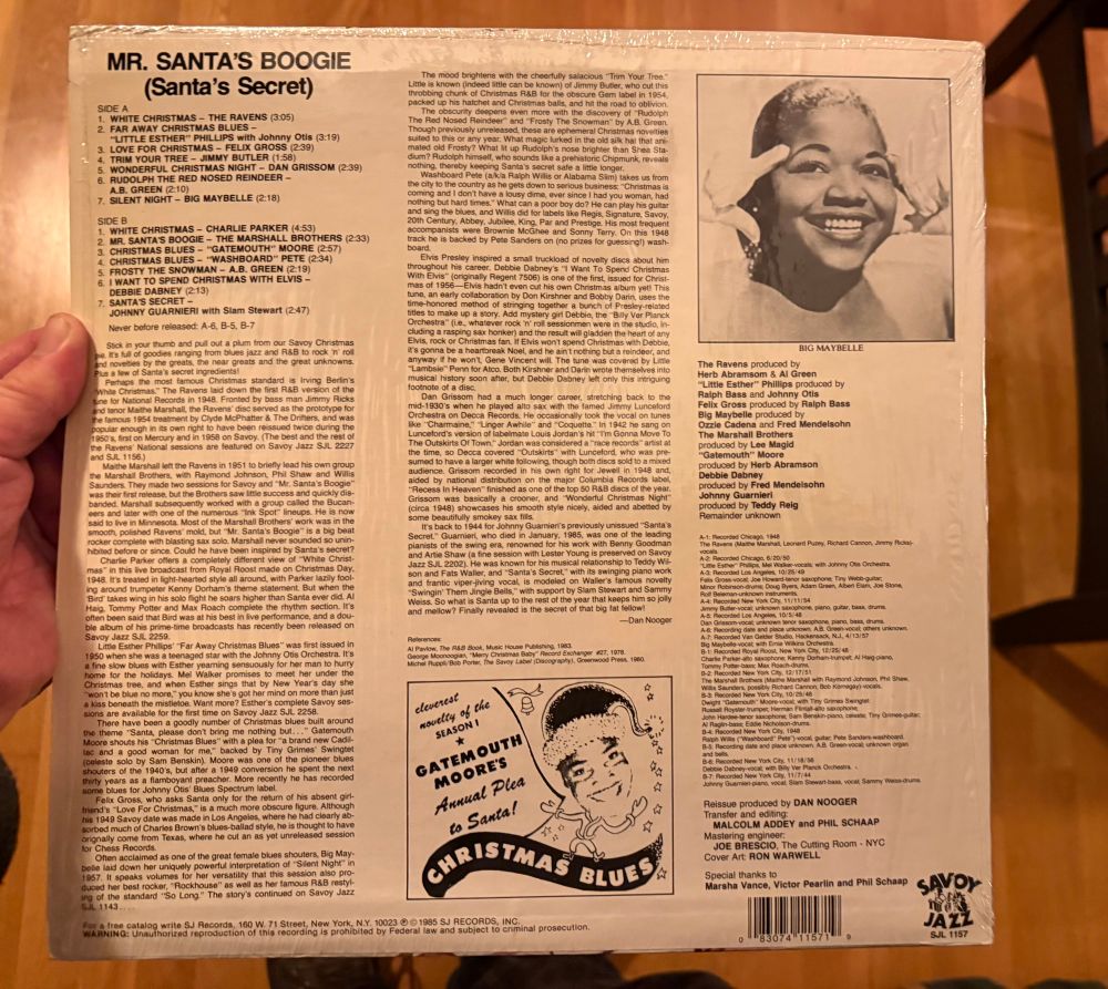 The back cover of the ‘Mr. Santa’s Boogie’ LP with the track listings and many track notes. Also includes a photo of Big Maybelle and a music print ad for ‘Gatemouth’ Moore’s song “Christmas Blues”