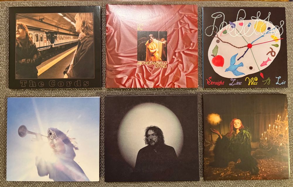 The front covers of six compact discs. 
Top row (left to right): The Cords ‘The Cords’, Cate Le Bon ‘Michelangelo Dying’, The Beths ‘Straight Line Was A Lie’
Bottom row (left to right): Geese ‘Getting Killed’, Jeff Tweedy ‘Twilight Override’, Neko Case ‘Neon Grey Midnight Green’