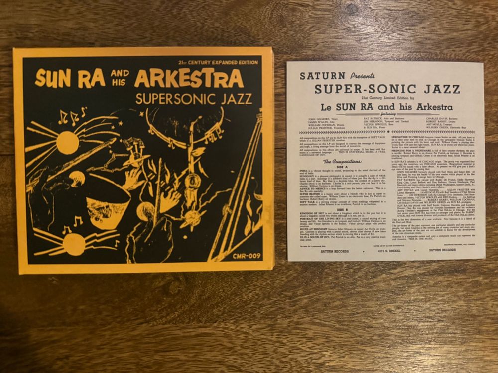 The front cover of the CD and back cover of the booklet of a brand new edition of the Sun Ra and His Arkestra album ’Super-Sonic Jazz.’