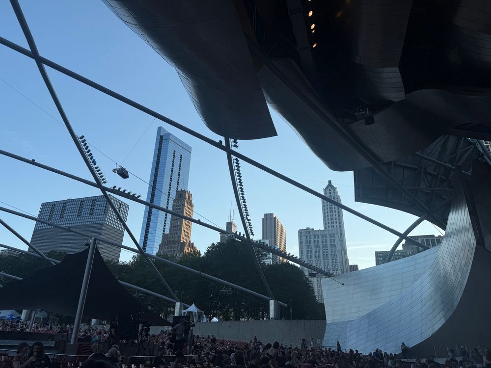 The view of downtown Chicago looking west southwest from the seats at Pritzker Pavilion.