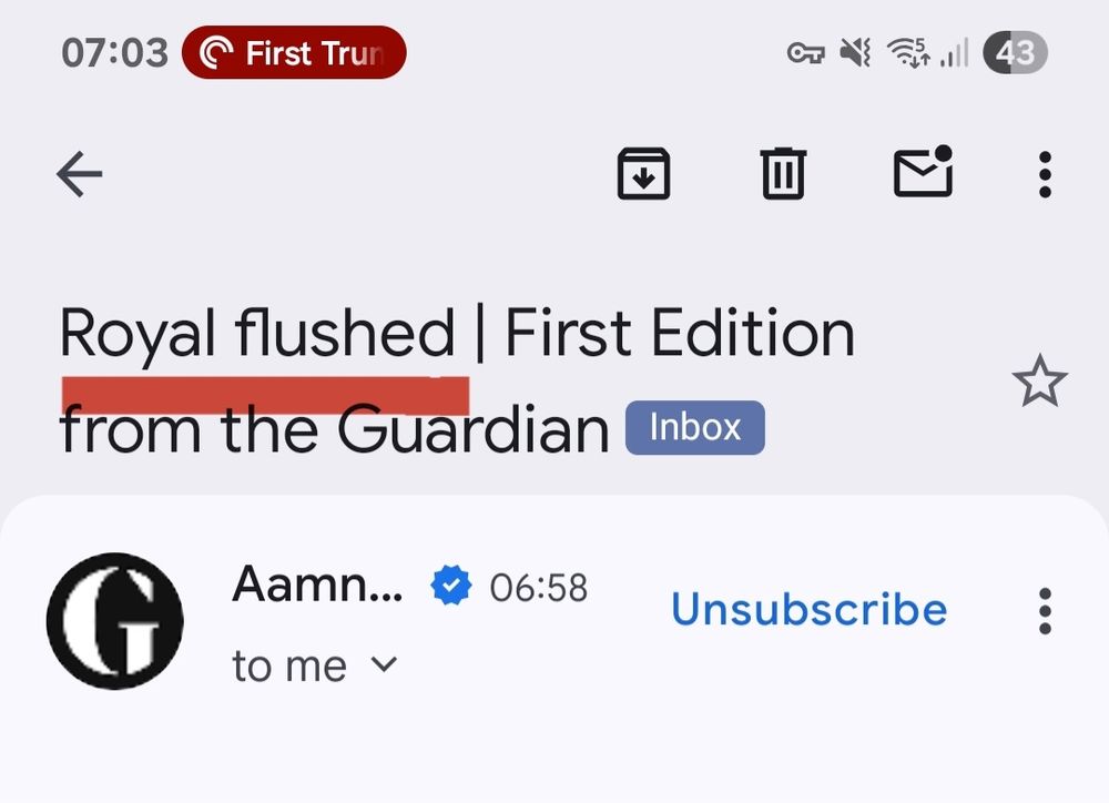Screenshot of a Guardian email entitled "Royal flushed"