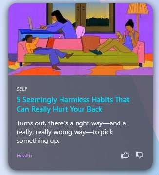 Pocket article from Self Magazine of "5 Seemingly Harmless Habits That Can Really Hurt Your Back." The image has 3 drawn basic shaped women sitting in various poor posture positions around a couch and desk.