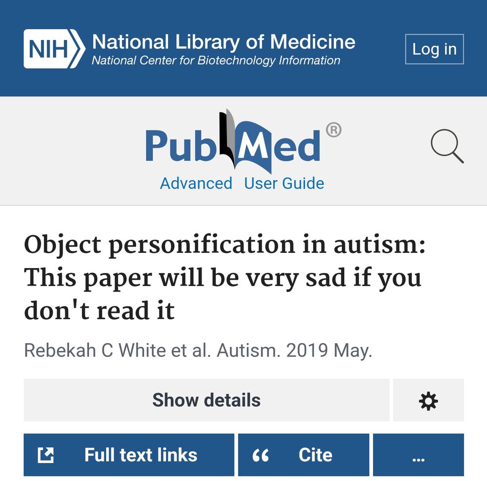 Screenshot of a PubMed journal titled "Object personification in autism: This paper will be very sad if you don't read it"