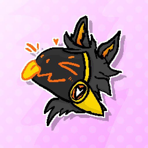 Orange and black protogen headshot blepping with tongue out and pink background