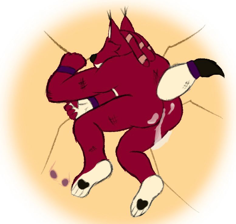 A fox (Arc) passed out in the yamcha pose, a white liquid leaking from her ass 