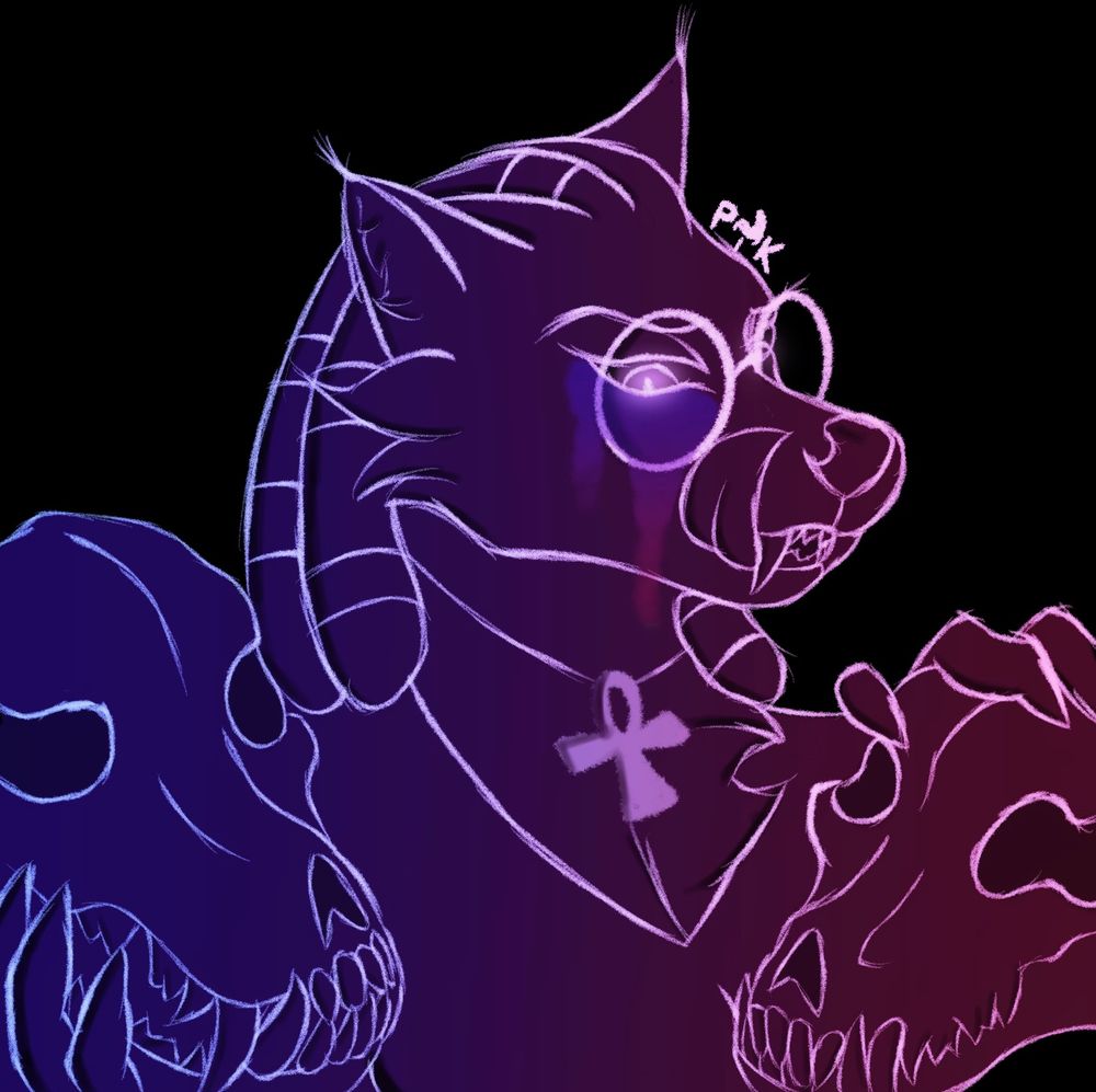 A fox (Arc) wearing an ankh and lifting two canid skulls, smiling at the camera while she licks her lips. She is colored in a gradient of the bi flag, while lined in a gradient of the trans flag. Paint the color of the bi flag runs down her eye.