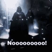 darth vader is standing in a dark room with a group of people and says no .