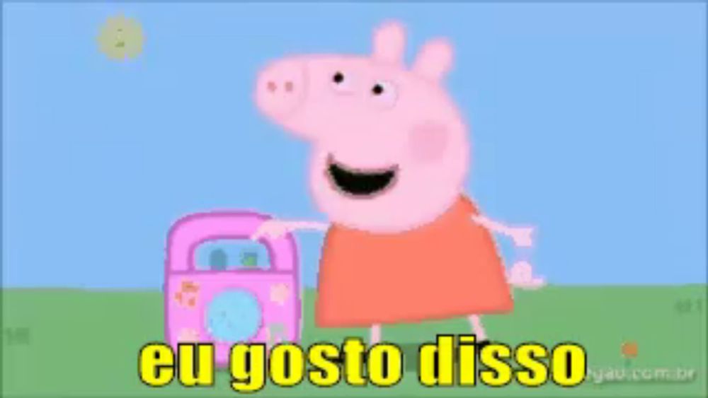 three peppa pigs are standing next to each other with the words " e muito adulto " written on the bottom