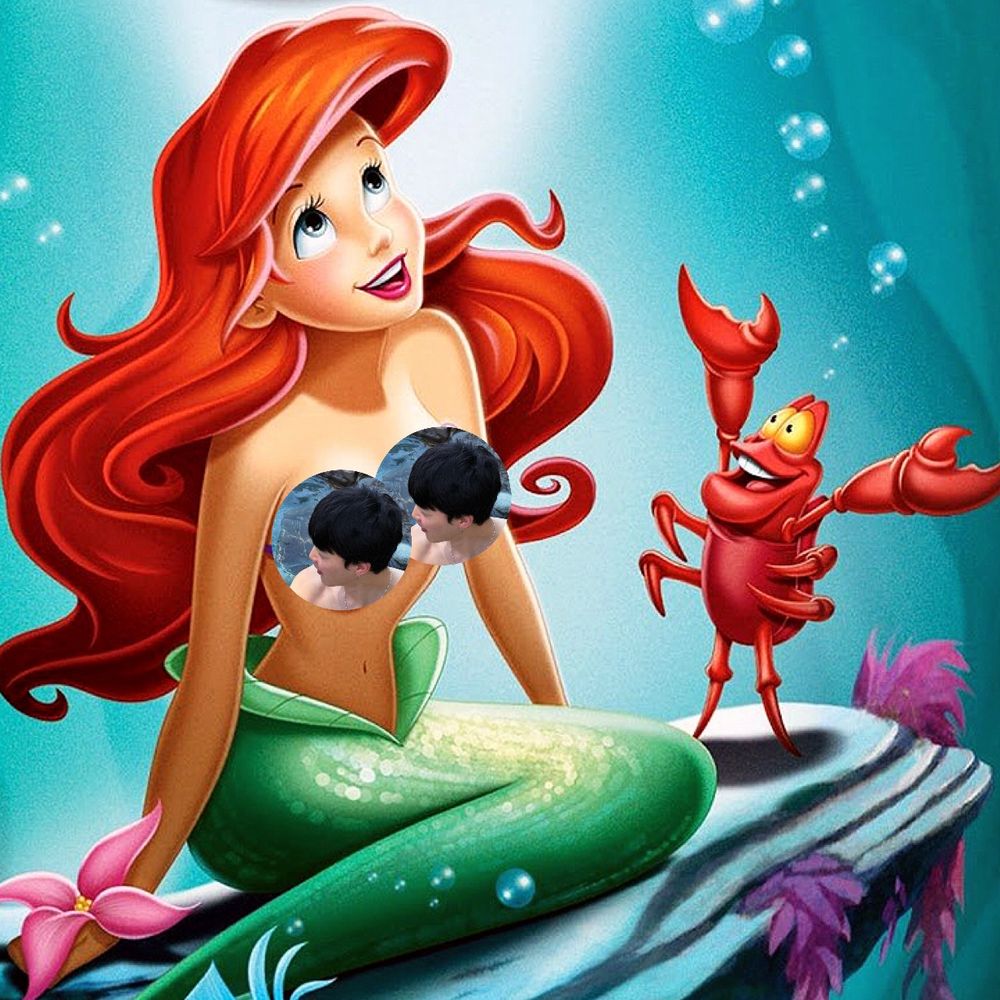 Ariel and Sebastian from The Little Mermaid (1989) sitting next to each other on a rock underwater. I've edited the currently trending pfp of shirtless mermaid Jimin over each side of Ariel's shell top. 