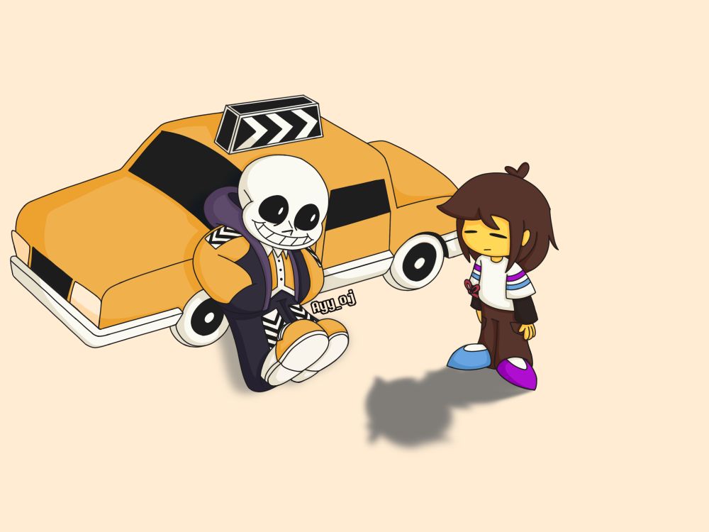 Taxi Sans asking Visitor!Frisk if they need a ride, while he’s leaning on his taxi