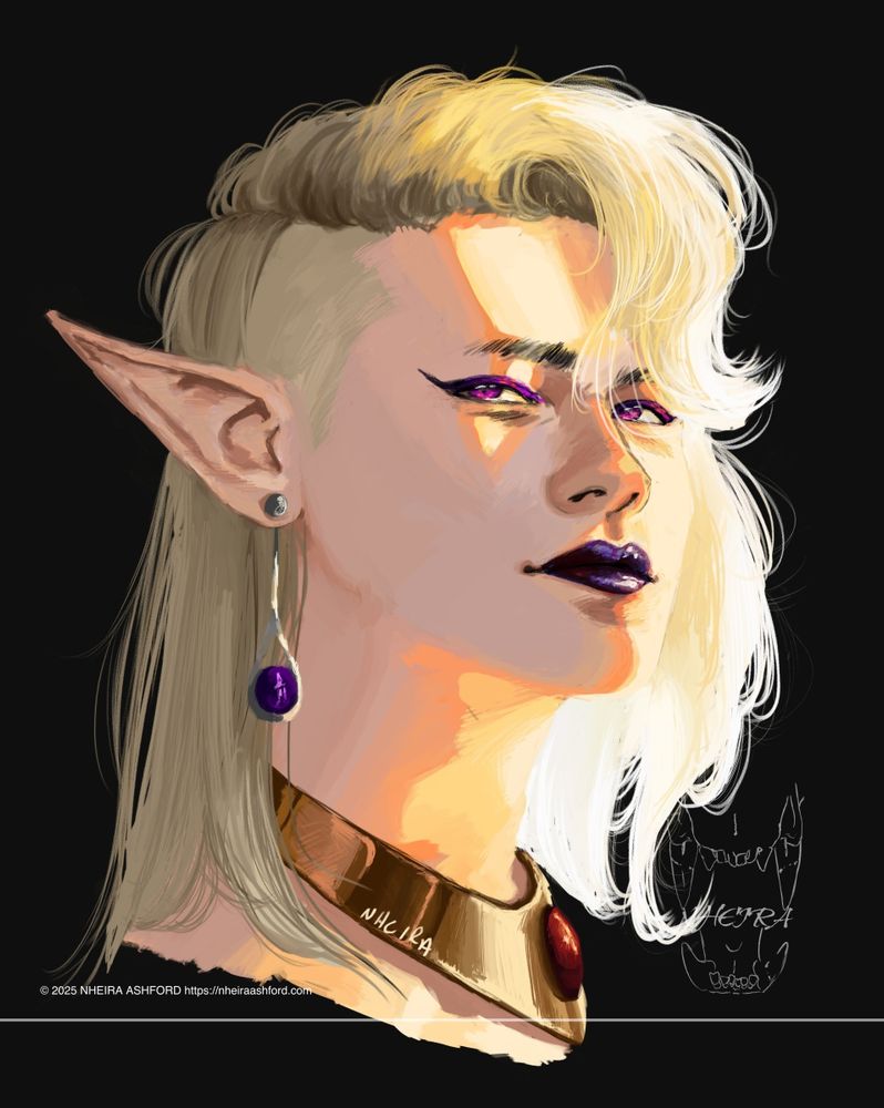 A digital portrait of a blonde haired man that has a small section of his hair shaved off. He wears dark purple iridescent lipstick and dons shiny, equally iridescent eyeshadow + eyeliner. His jewelry consists of a highly polished collar style necklace and long silver drop earrings; both have a red and purple gem respectively. He is lit in high dramatic golden hour lighting, which illuminates his hair and makes it appear almost transparent in some sections.
