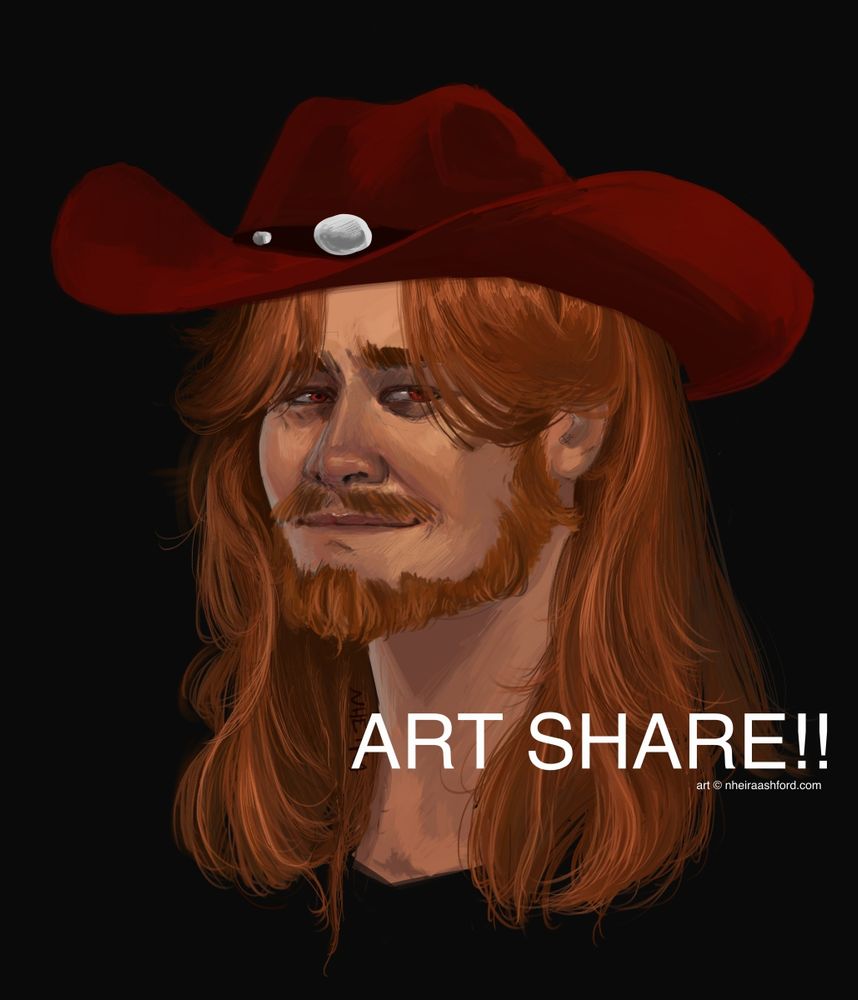 A digitally drawn portrait of a redheaded man with matching facial hair ( mustache and beard ). His hair is long and voluminous, looking like it’s in good health. He has deep red eyes and a smile on his face. In this version he wears a red cowboy hat with silver embellishments. Included text reads: ART SHARE!! art © nheiraashford.com