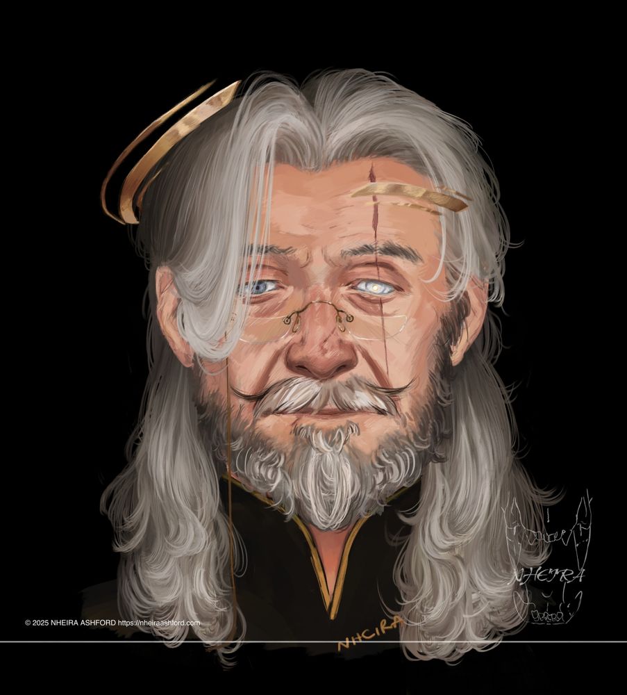 A digital painting of an older man, complete with soft gray hair and a coarse looking beard/moustache thats still hanging onto its darker brownish grays. A scar runs through his left eye that's a plain off-white, pupil circled in shimmering gold and its centre a flat white. He has a circlet style halo, hinting at what he really is. On his face he wears a pair of half moon glasses that are reminiscent of ones made in the mid 1800s-early 1900s.