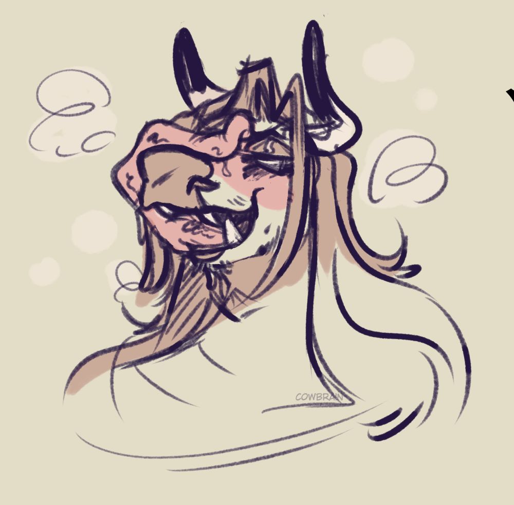 my fursona (brian, bull) licking his snout with his fuckoff huge tongue. like all the way looped around that damn thing, man