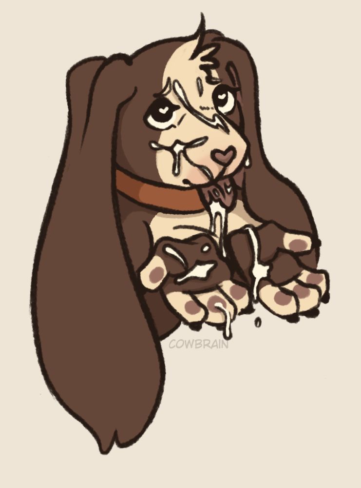 My fursona, Hymn (brown dog with long ears and tan markings) after a facial. Just absolutely splattered. Cum drips down her face and into her upturned hands.