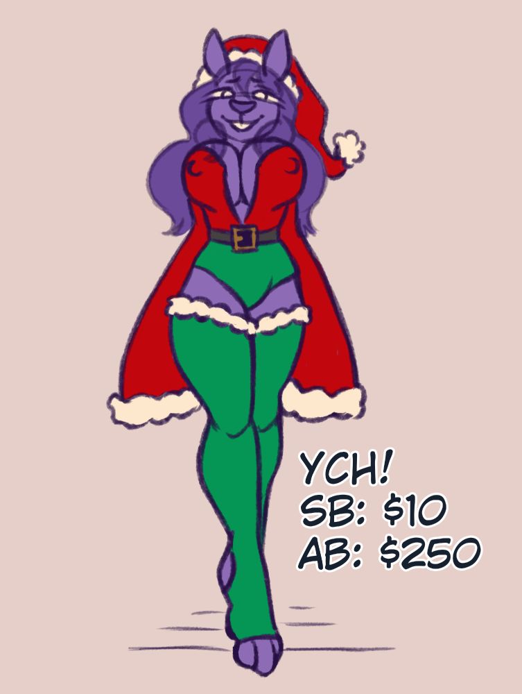 A YCH pose of a furry character in a slutty holiday outfit with big boobies gazing down at the camera