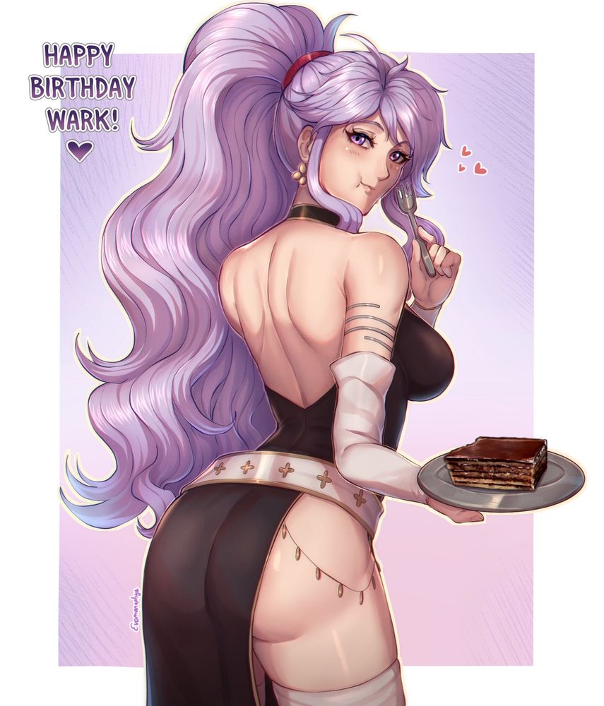 Ishtar in a more casual backless black dress, she‘s facing away from the viewer while holding a plate with some chocolate cake on it and a fork in the other as she‘s munching away at the cake, looking back at the viewer with a little blush.