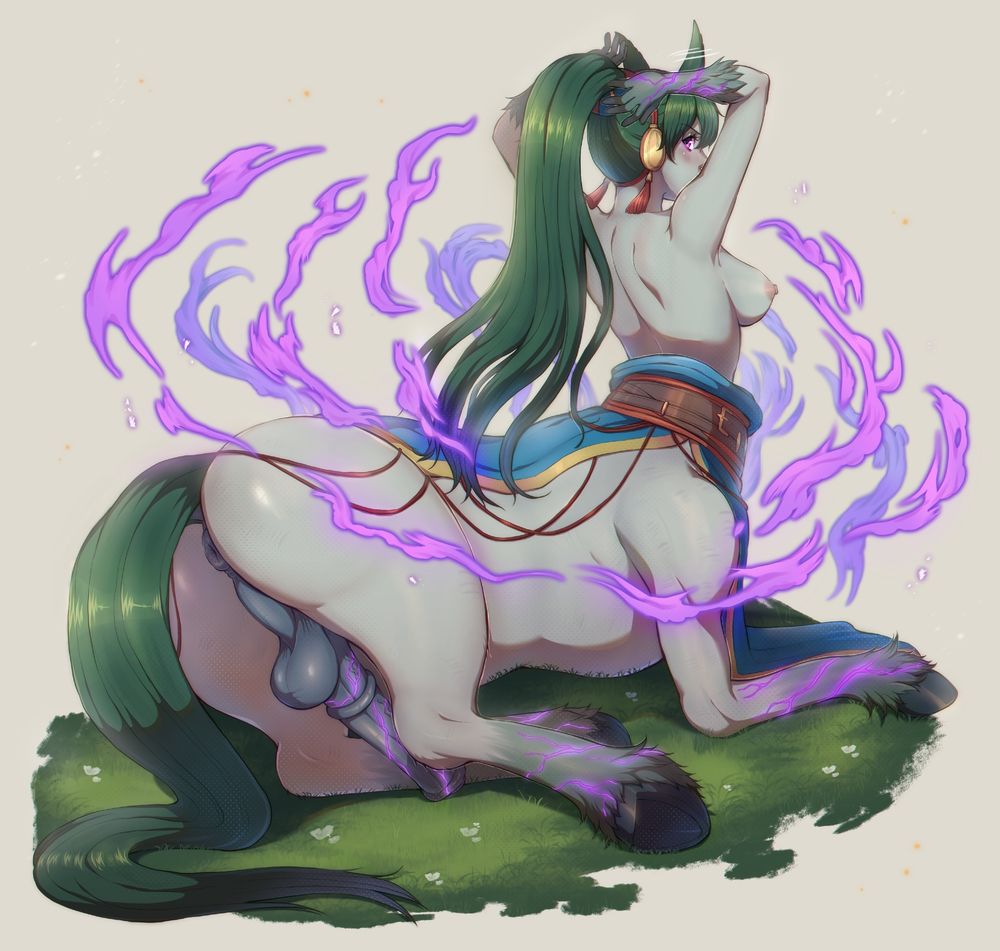 Centaur Lyn from Fire Emblem Shadows & Heroes but she‘s sitting on a meadow topless and adjusting her ponytail (badumtsss) . She also has a big glowing horsecock 🤭